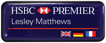 Prestige plastic name badges - Black border and purple background | www.namebadgesinternational.co.uk